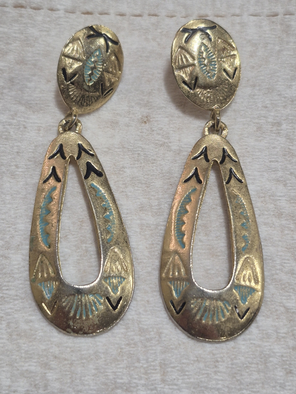 Vint. Gold Tone Teardrop Dangle Earrings with Turquoise Accents - Women Jewelry